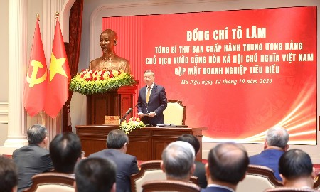 Tổng Bí thư, Chủ tịch nước Tô Lâm﻿ chủ trì gặp mặt đại biểu doanh nghiệp tiêu biểu. Ảnh: Nhân Dân