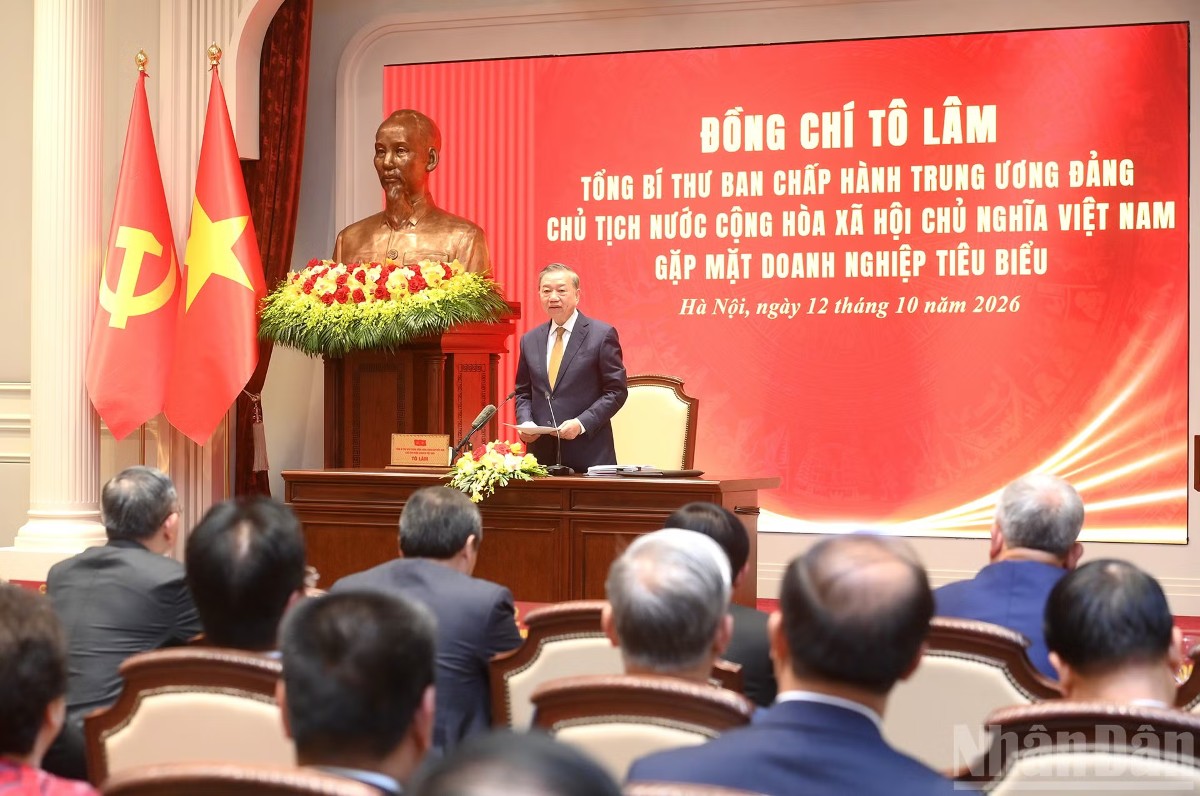 Tổng Bí thư, Chủ tịch nước Tô Lâm﻿ chủ trì gặp mặt đại biểu doanh nghiệp tiêu biểu. Ảnh: Nhân Dân