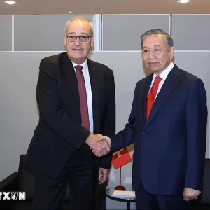 Tổng Bí thư, Chủ tịch nước Tô Lâm trong cuộc gặp Tổng thống Thụy Sĩ Guy Parmelin ngày 22/9/2026 tại New York, Mỹ. Ảnh: TTXVN.