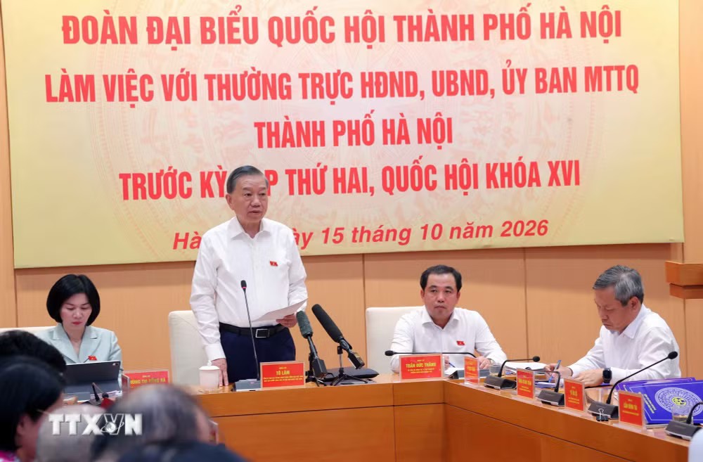 Tổng Bí thư, Chủ tịch nước Tô Lâm làm việc của Đoàn đại biểu Quốc hội thành phố Hà Nội với các cơ quan của thành phố, chuẩn bị cho Kỳ họp thứ Hai, Quốc hội khóa XVI. Ảnh: TTXVN
