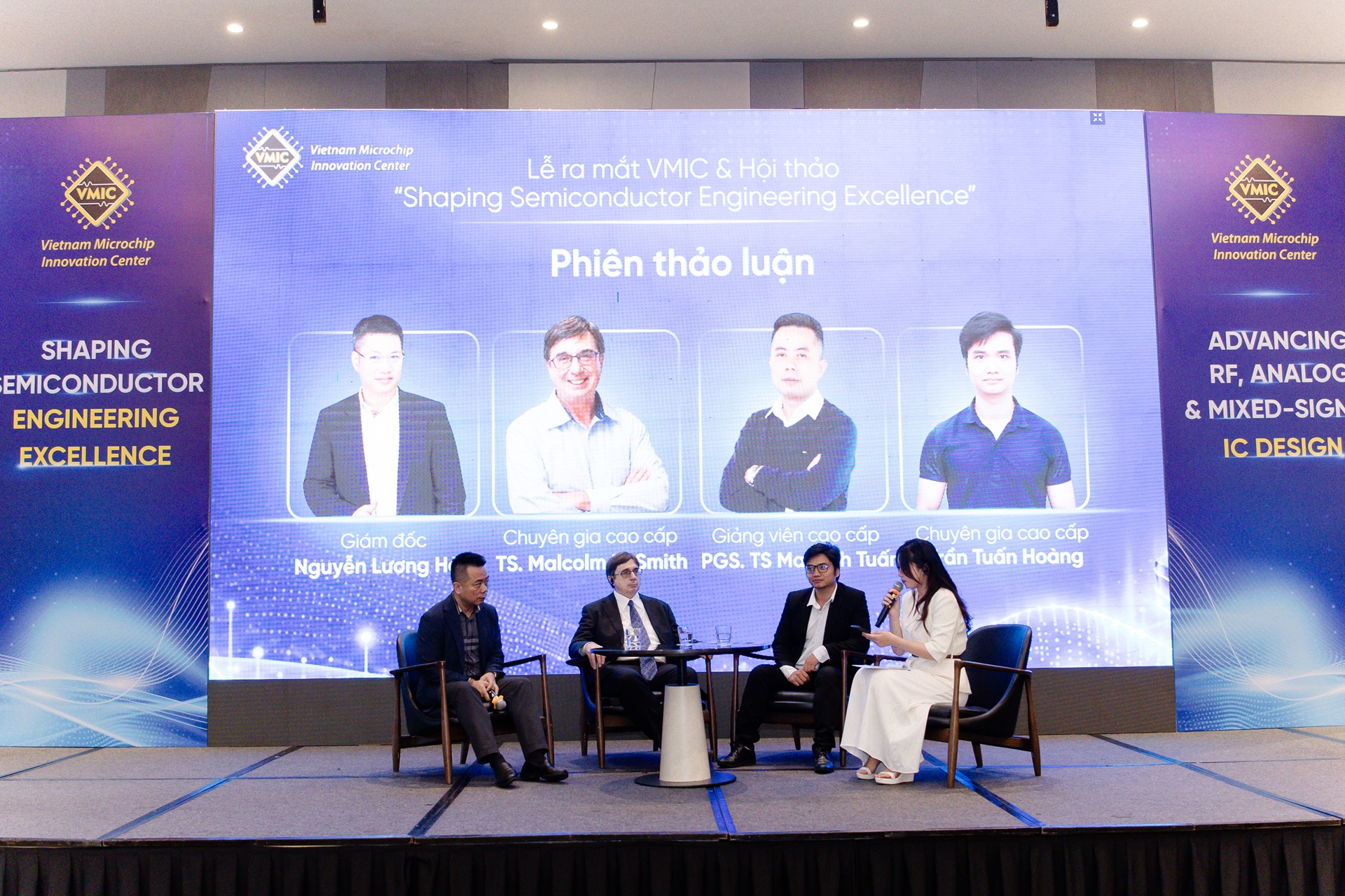 Các chuyên gia trong phiên thảo luận tại Hội thảo “Shaping Semiconductor Engineering Excellence”. Từ trái qua: PGS. TS Mai Anh Tuấn, TS. Malcolm H.Smith, chuyên gia Trần Tuấn Hoàng