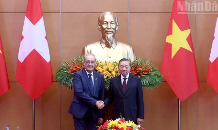 Tổng Bí thư, Chủ tịch nước Tô Lâm và Tổng thống Liên bang Thụy Sĩ Guy Parmelin tại hội đàm. Ảnh: Đăng Khoa/Nhandan