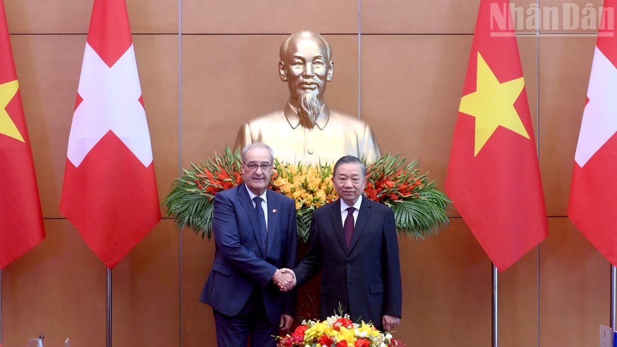 Tổng Bí thư, Chủ tịch nước Tô Lâm và Tổng thống Liên bang Thụy Sĩ Guy Parmelin tại hội đàm. Ảnh: Đăng Khoa/Nhandan
