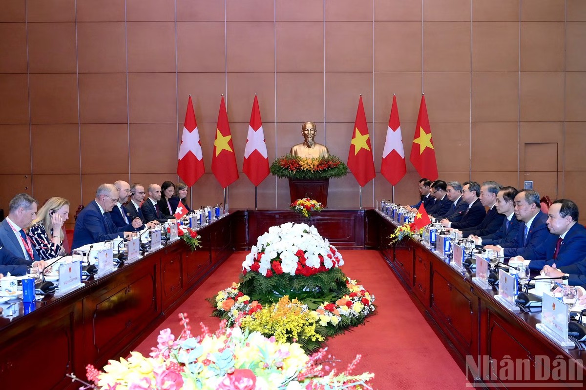 Tổng Bí thư, Chủ tịch nước Tô Lâm hội đàm với Tổng thống Liên bang Thụy Sĩ Guy Parmelin. Ảnh: Nhân Dân