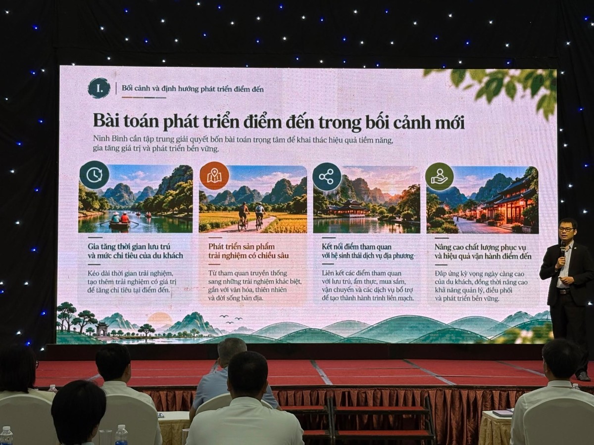 Các chuyên gia tích cực thảo luận tại hội nghị "Kết nối đổi mới sáng tạo trong du lịch Ninh Bình - Từ bài toán thực tiễn đến giải pháp và mô hình thử nghiệm". Ảnh: NBTV