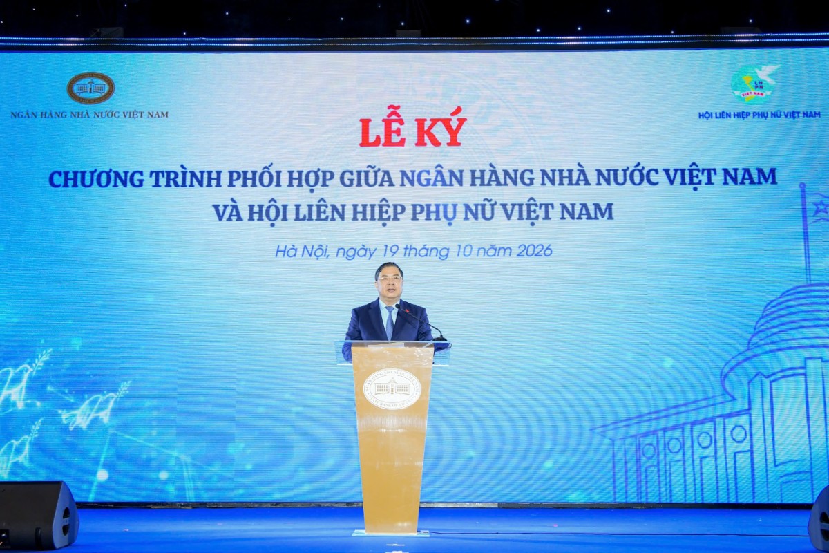 Phó Thủ tướng Thường trực Chính phủ Phạm Gia Túc phát biểu tại lễ ký kết chương trình phối hợp giữa Ngân hàng Nhà nước Việt Nam và Hội Liên hiệp Phụ nữ Việt Nam ngày 19/10/2026. (Ảnh: SBV)