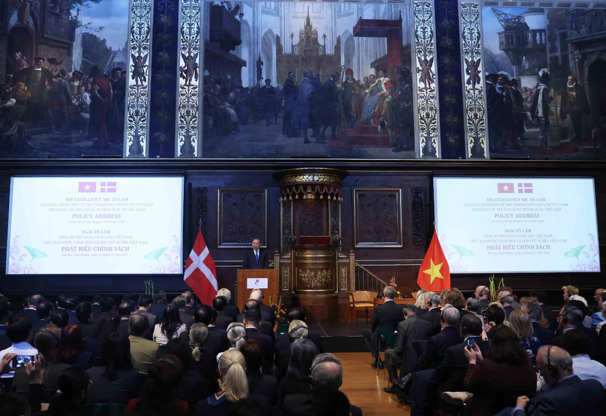 Tổng Bí thư, Chủ tịch nước Tô Lâm phát biểu chính sách tại Đại học Copenhagen (Đan Mạch). Ảnh: TTXVN