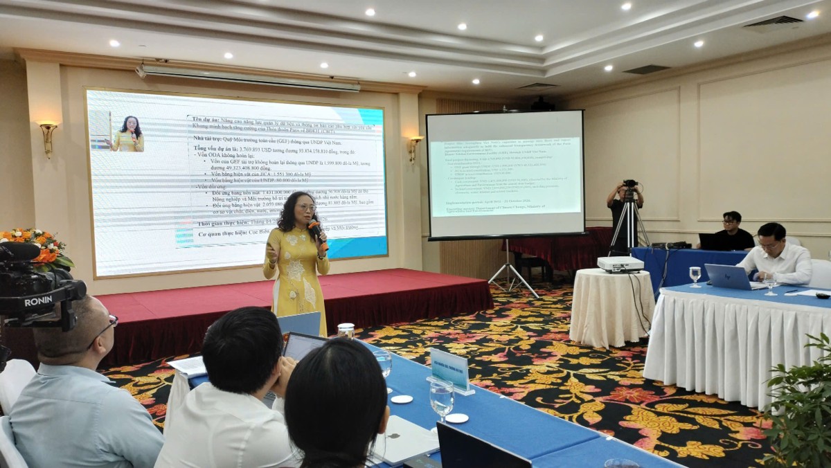 Bà Chu Thị Thanh Hương, Phó Trưởng phòng Quản lý phát thải và Bảo vệ tầng ô-dôn, Cục Biến đổi khí hậu chia sẻ những kết quả chính từ dự án. Ảnh: Nhĩ Anh