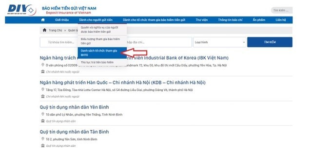 Danh sách tổ chức tham gia Bảo hiểm Tiền gửi trên website Bảo hiểm Tiền gửi Việt Nam (div.gov.vn).