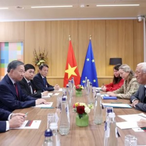 Tổng Bí thư, Chủ tịch nước Tô Lâm gặp hẹp Chủ tịch Hội đồng châu Âu António Costa trước hội đàm. (\Ảnh: TTXVN