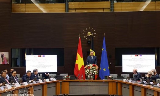 General Secretary of the Communist Party of Vietnam Central Committee and President To Lam gives a policy speech at Egmont – The Royal Institute for International Relations in Brussels on October 23, 2026. (Photo: VNA)