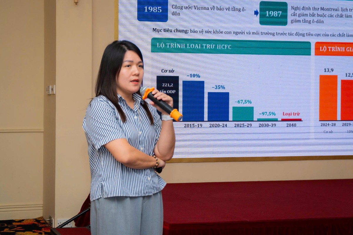 Bà Nguyễn Đặng Thu Cúc, Phó Trưởng phòng Quản lý phát thải khí nhà kính và Bảo vệ tầng ô-dôn, Cục Biến đổi khí hậu chia sẻ về lộ trình loại trừ HCFC, giảm dần HFC và thông tin về dự án SMS-MP. Ảnh: A. Tuấn