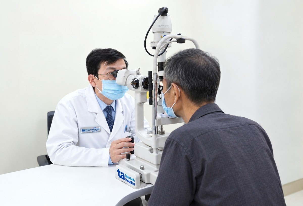 Bác sĩ soi sinh hiển vi kiểm tra cho người bệnh. Ảnh: Bệnh viện Đa khoa Tâm Anh
