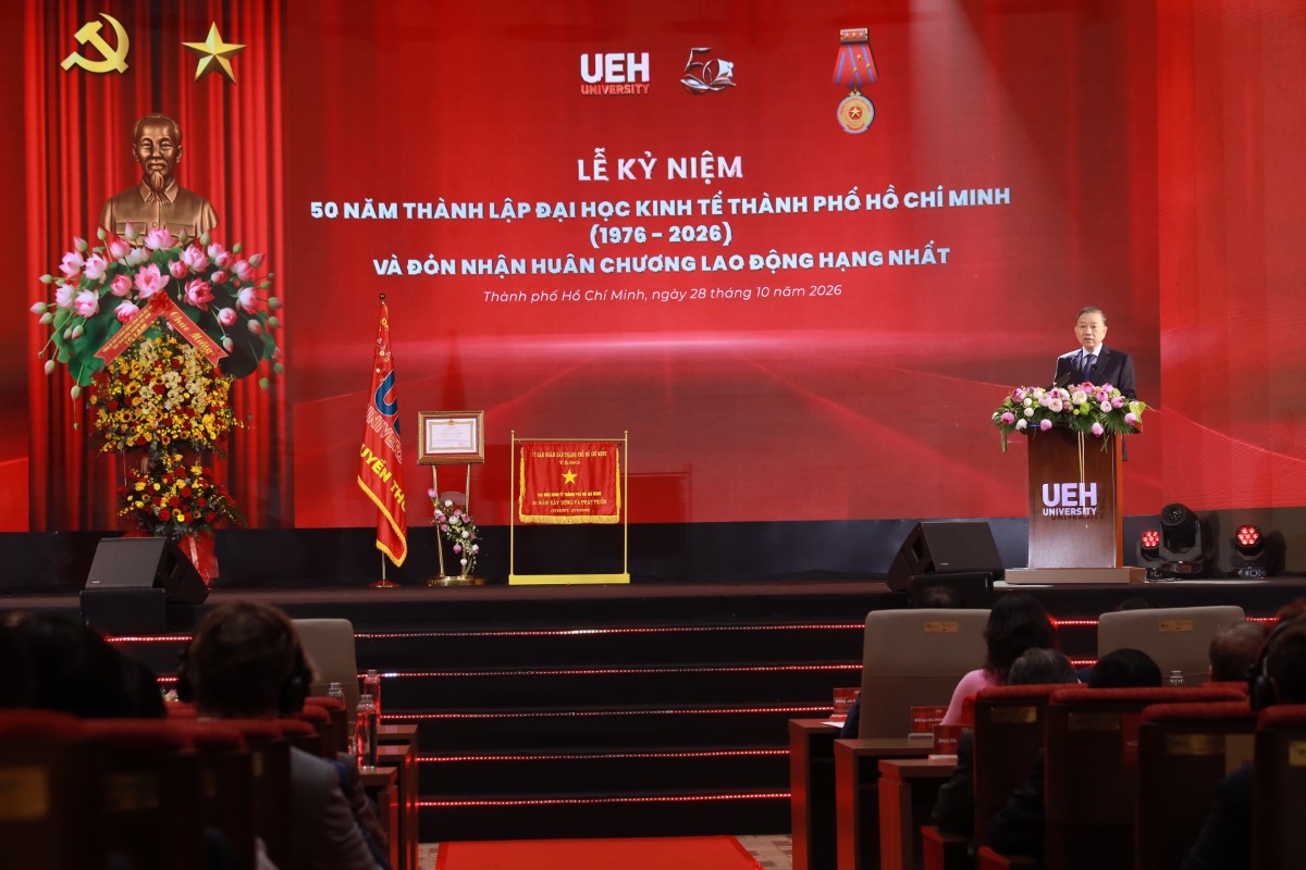 Tổng Bí thư, Chủ tịch nước Tô Lâm phát biểu tại Lễ kỷ niệm 50 năm thành lập Đại học Kinh tế TP. Hồ Chí Minh. Ảnh: Thanh Kiều.