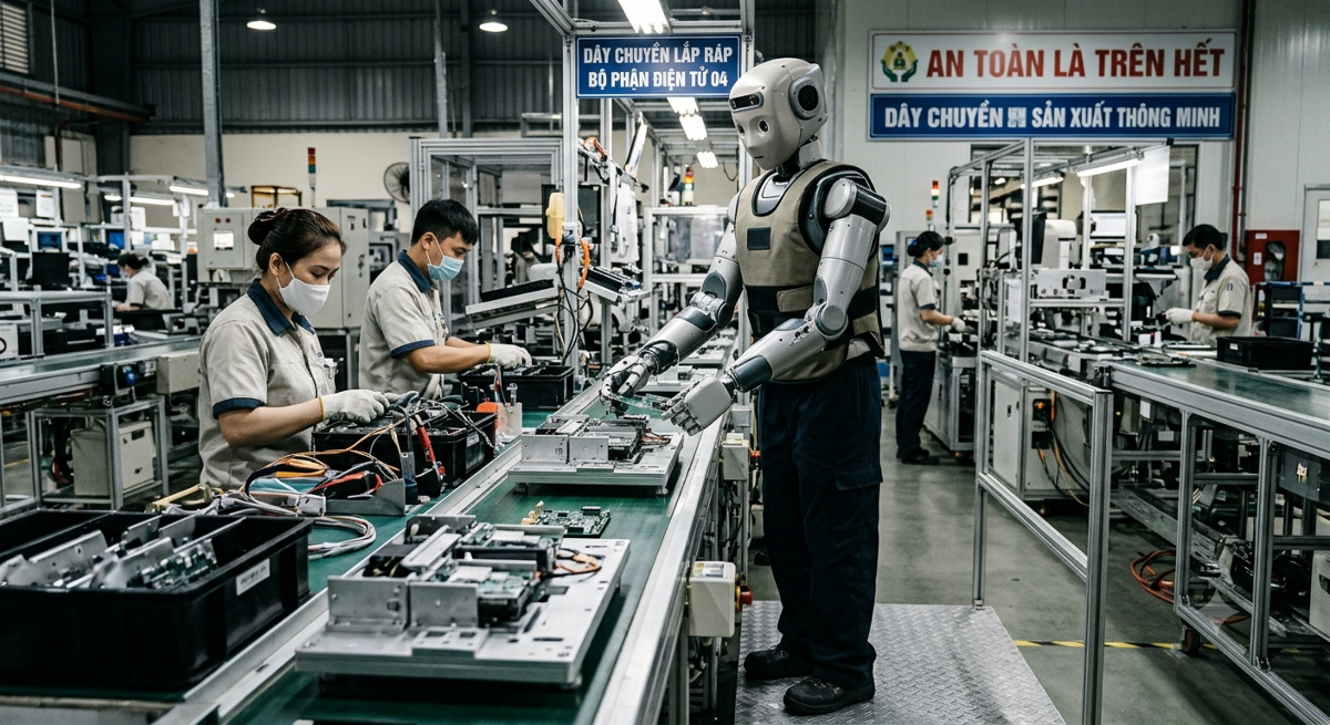 Robot cộng tác làm việc trong nhà máy sản xuất - Ảnh tạo từ AI.