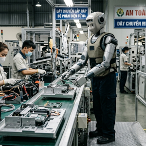 Robot cộng tác làm việc trong nhà máy sản xuất - Ảnh tạo từ AI.