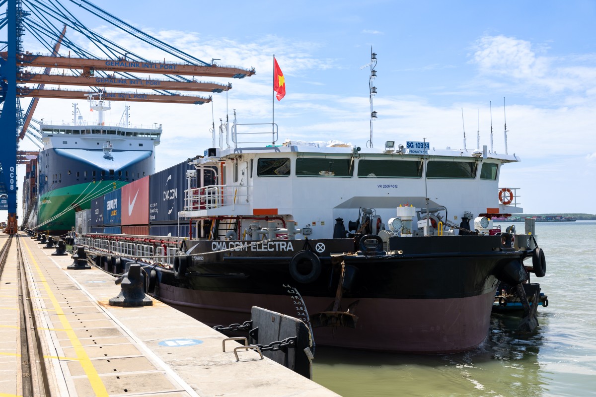 Sà lan điện CMA CGM Electra đầu tiên được triển khai tại cảng Gemadept Thị Vải TP. Hồ Chí Minh - Ảnh: Minh Hà.