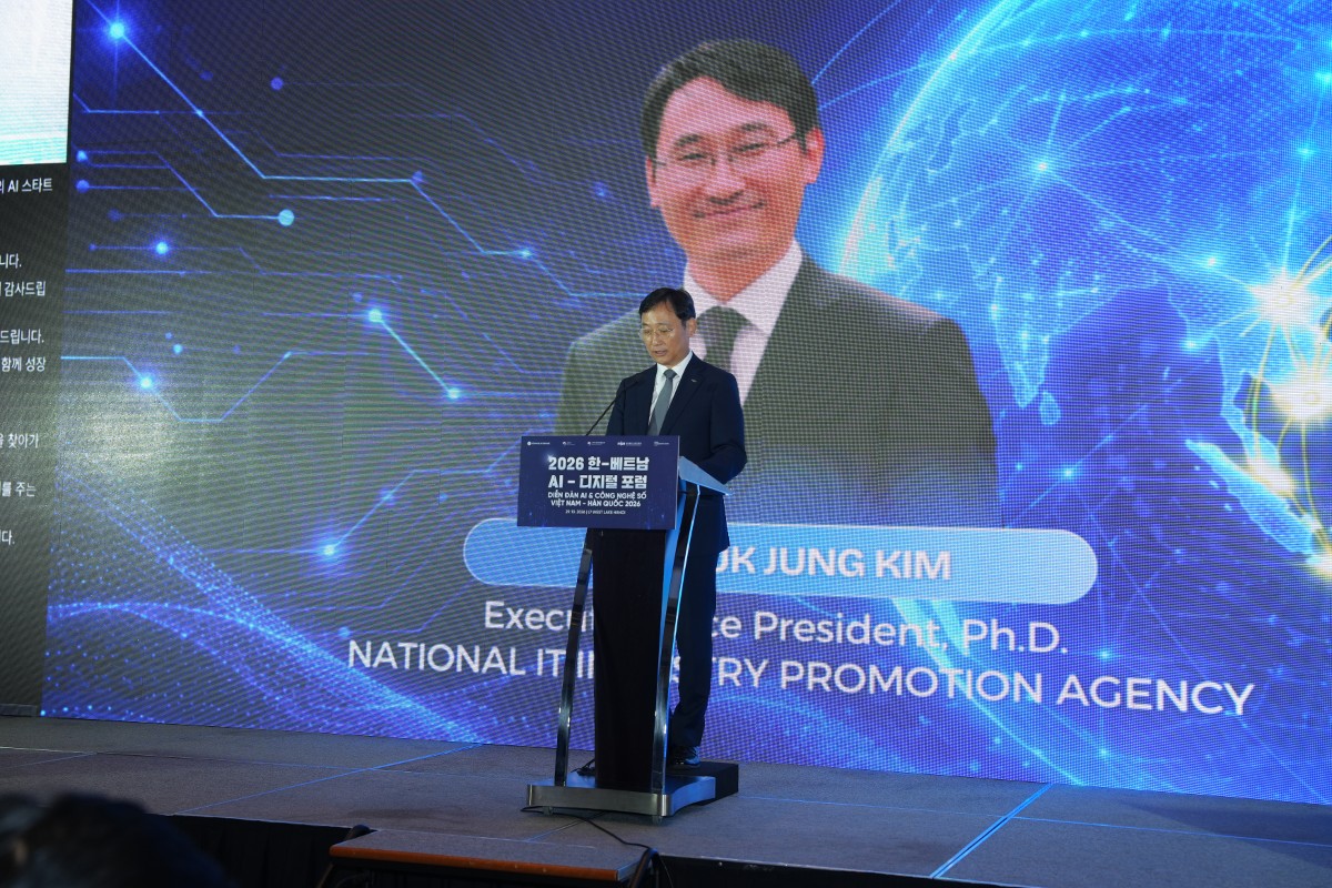 Ông Kim Min Seuk, Trưởng Văn phòng đại diện NIPA tại Việt Nam, cho biết sự kiện hôm nay là dịp để các công ty khởi nghiệp hai bên giới thiệu công nghệ, tầm nhìn kinh doanh và tìm kiếm đối tác cùng nhau phát triển, nhất là trong lĩnh vực AI. Ảnh: NIC.